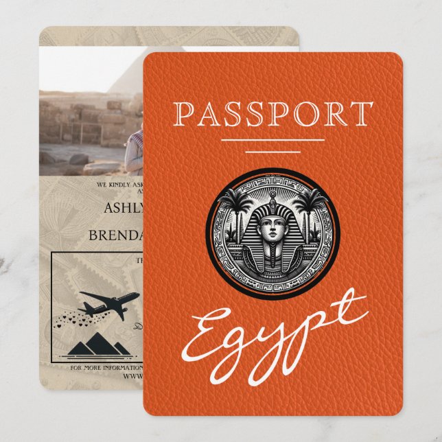 Convites Orange Egypt Passport Wedding Invitation (Frente/Verso)
