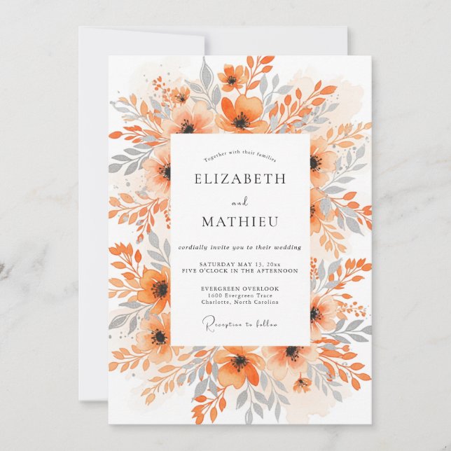 Convites Orange Exquisite Watercolor Wedding (Frente)