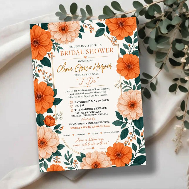 Convites Orange Floral Bride To Be Party Invite (Criador carregado)