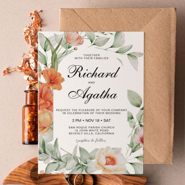 Convites Orange Floral Frame Wedding (Criador carregado)