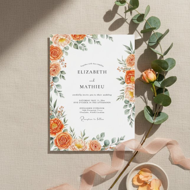Convites Orange Floral Painterly Flourish Wedding (Criador carregado)