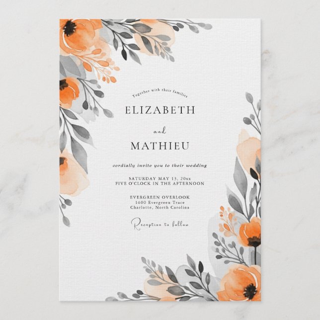 Convites Orange Floral Painterly Wedding (Frente)