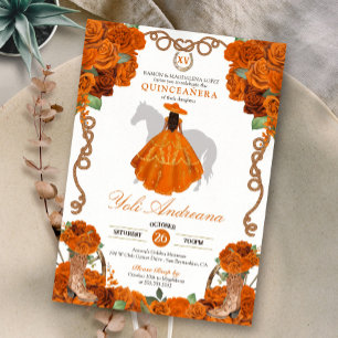 Convites Orange Floral Western Charra Quinceanera
