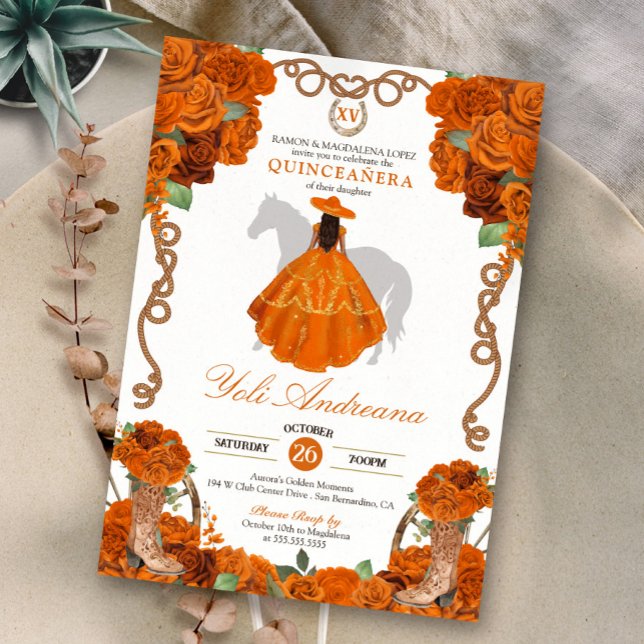 Convites Orange Floral Western Charra Quinceanera (Criador carregado)