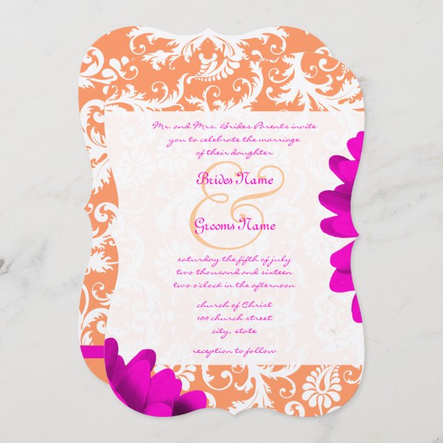 Convites Orange & Fuchsia Pink Gerber Daisy Wedding (Frente/Verso)