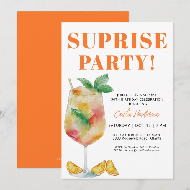 Convites Orange Fun Drink Surpresa 50º aniversário (Frente/Verso)