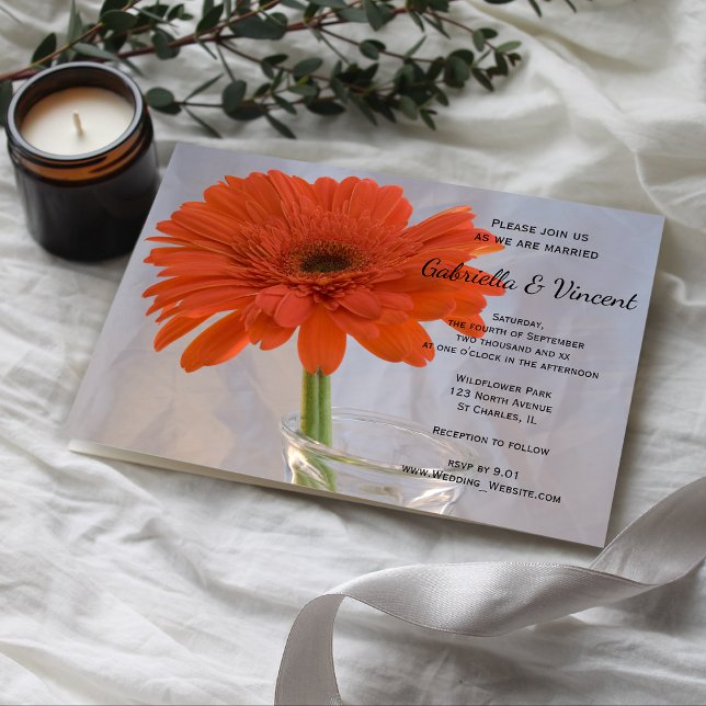 Convites Orange Gerber Daisy in Vase Wedding (Invite guests to your marriage with the pretty Orange Daisy in Vase Wedding Invitation.)