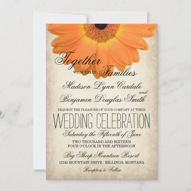Convites Orange Gerber Daisy Rustic Country Wedes Invites (Frente)