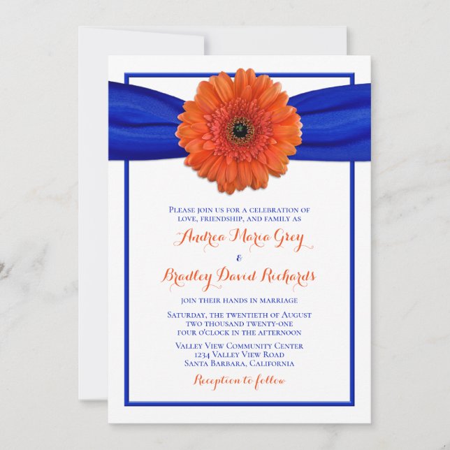 Convites Orange Gerbera Daisy Blue Weding Invitation (Frente)