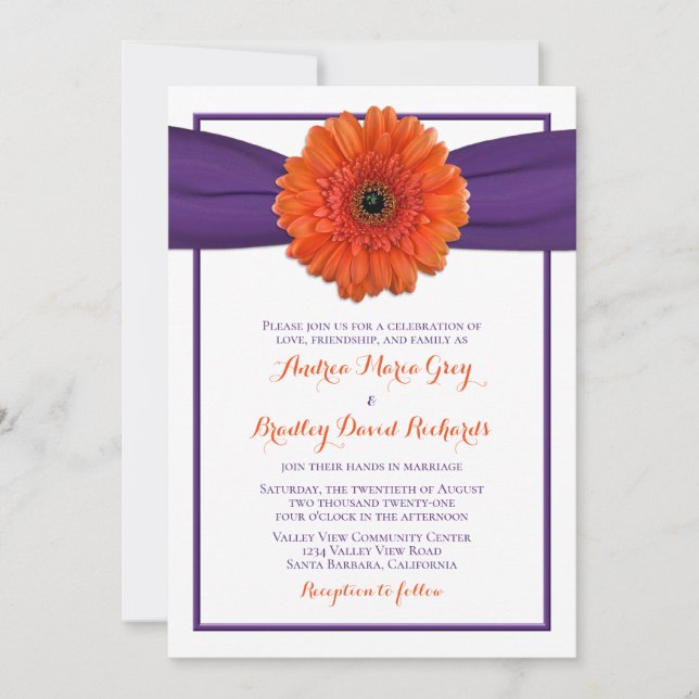 Convites Orange Gerbera Daisy Purple Weditation (Frente)