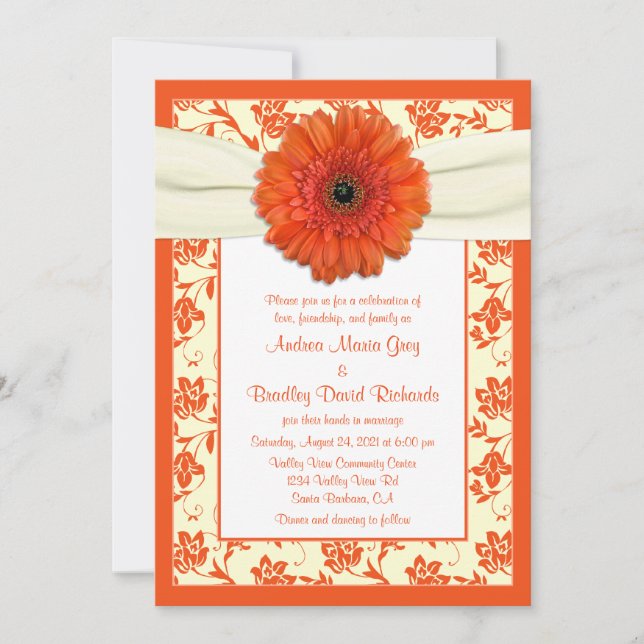 Convites Orange Gerbera Ivory Floral Invitation (Frente)