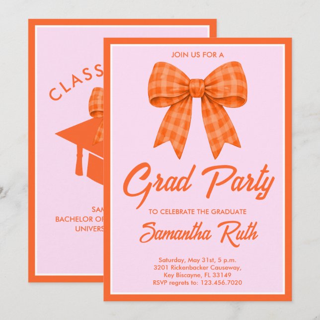 Convites Orange Gingham Bow Graduation Party (Frente/Verso)