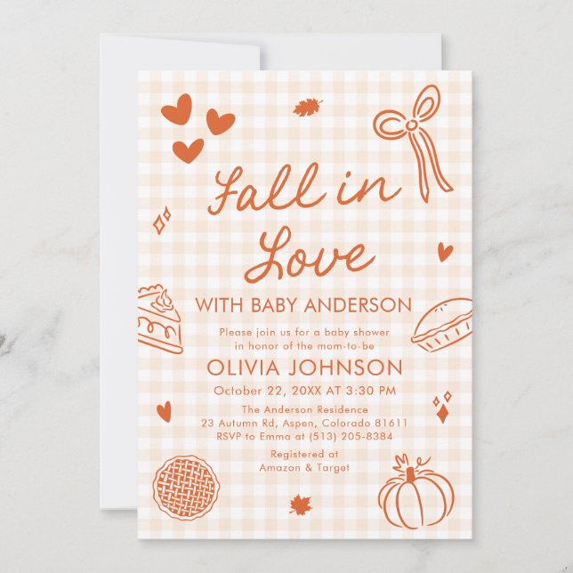 Convites Orange Gingham Hand Drawn Fall in Love Baby Shower (Frente)