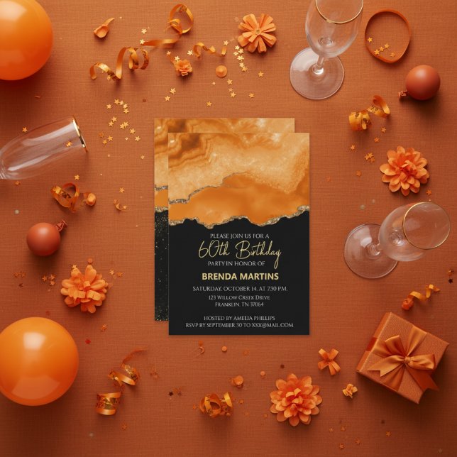 Convites Orange Gold Glitter  Watercolor (Criador carregado)