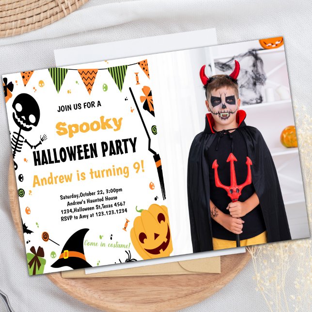 Convites Orange Halloween Aniversário com foto (Orange Halloween Birthday Invitations with photo)