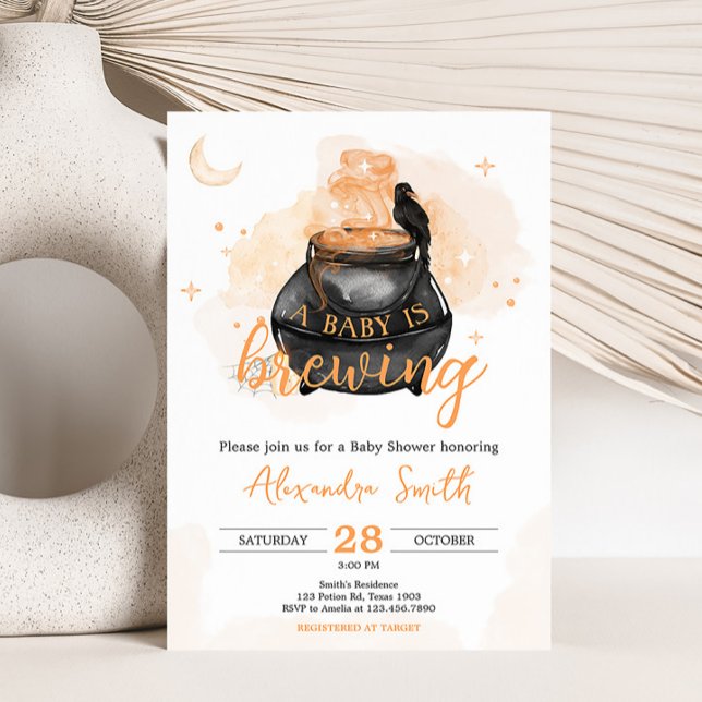 Convites Orange Halloween Um bebê está criando Chá de frald (Orange A Baby is Brewing Halloween Baby Shower Invitation)