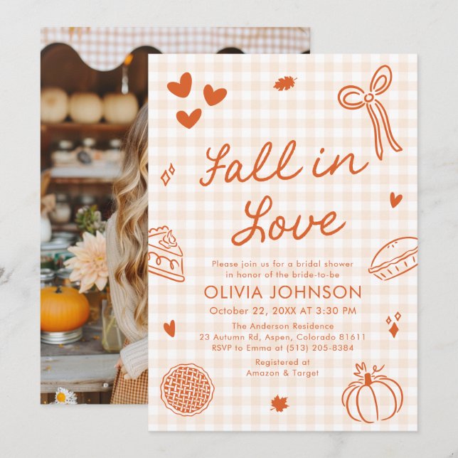 Convites Orange Hand Drawn Fall in Love Bridal Shower (Frente/Verso)