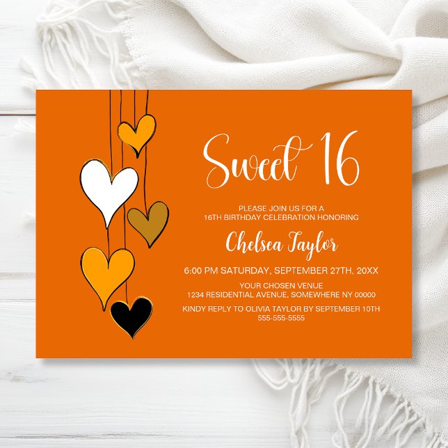 Convites Orange Heart Theme Sweet 16 Birthday (Criador carregado)