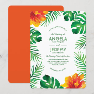 Convites Orange Hibiscus e Folhas Tropicais 2 Casamento