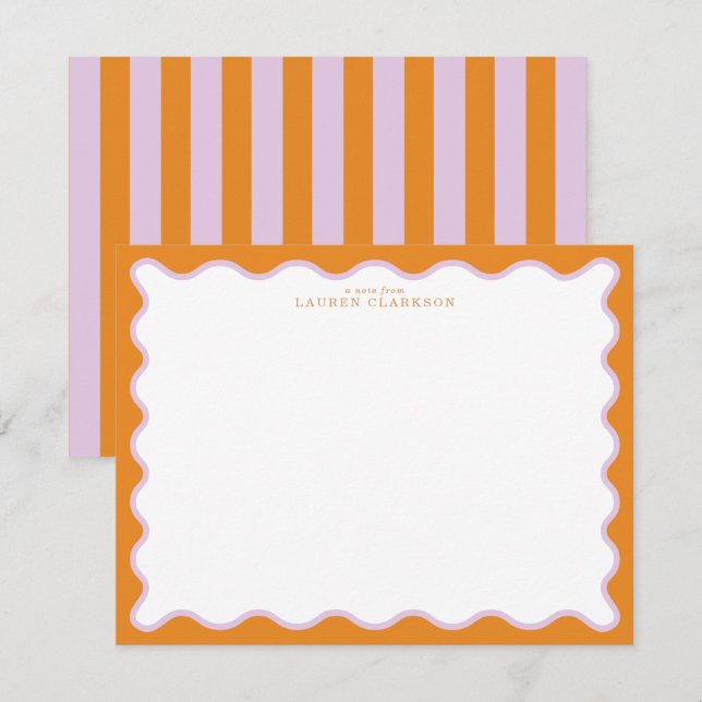 Convites Orange & Lilac Wavy Frame Note Card with Striped E (Frente/Verso)