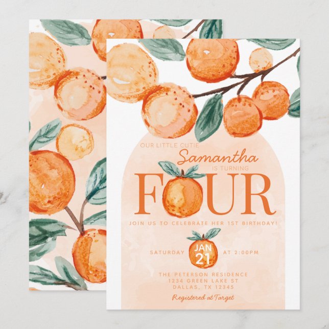 Convites Orange Little Cutie 4ª Festa de Aniversário (Frente/Verso)