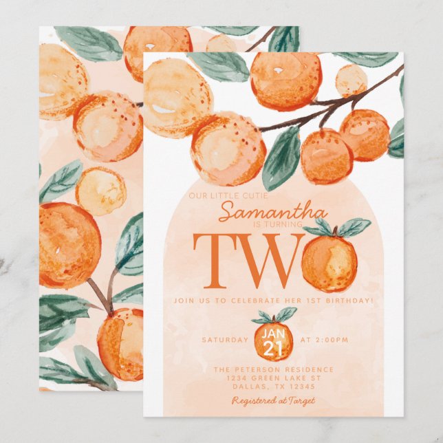 Convites Orange Little Cutie a transformar DOIS Festa de se (Frente/Verso)