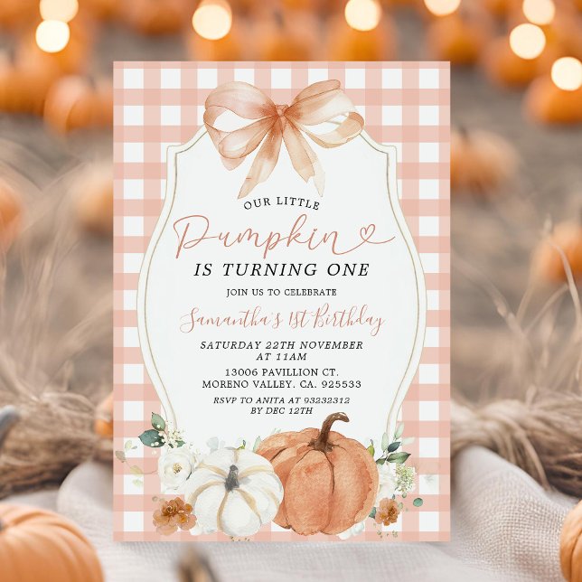 Convites Orange Little Pumpkin Fall Gingham Primeiro Aniver (Criador carregado)