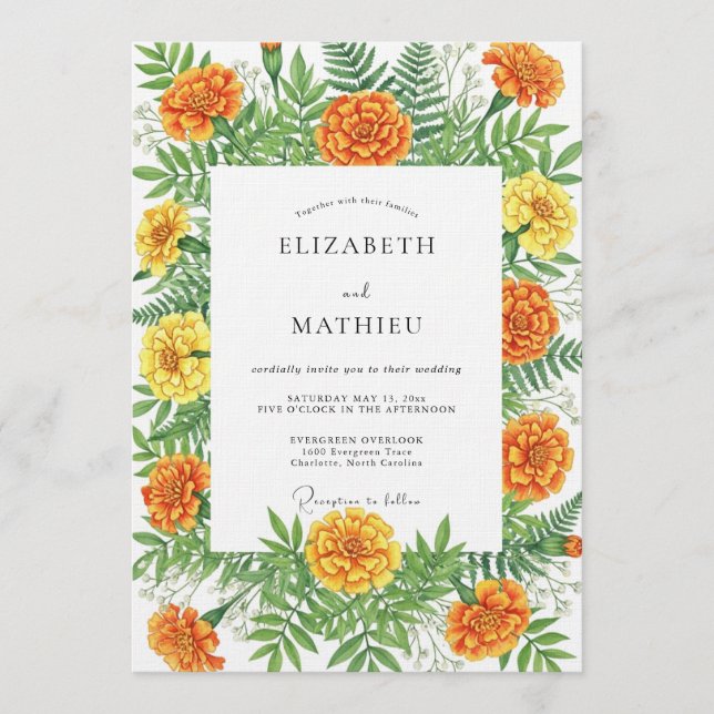 Convites Orange Marigold Botanical Autumn Wedding (Frente)