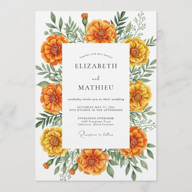 Convites Orange Marigold Botanical Flourish Wedding (Frente)