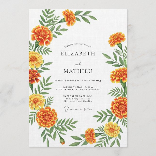 Convites Orange Marigold Botanical Wedding (Frente)