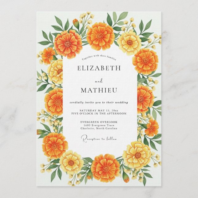 Convites Orange Marigold Floral Whimsy Wedding (Frente)