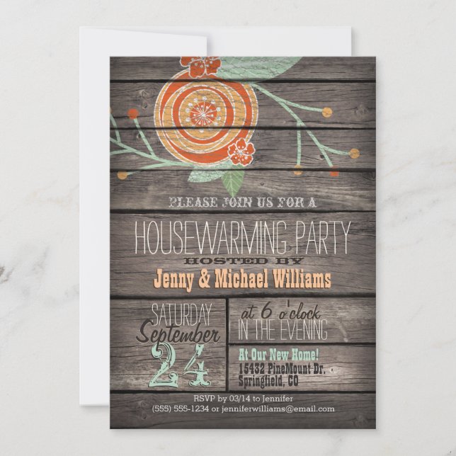 Convites Orange & Mint Green; Rustic Housearming Party (Frente)