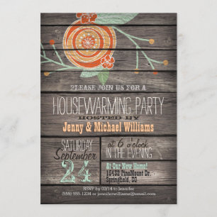 Convites Orange & Mint Green; Rustic Housearming Party