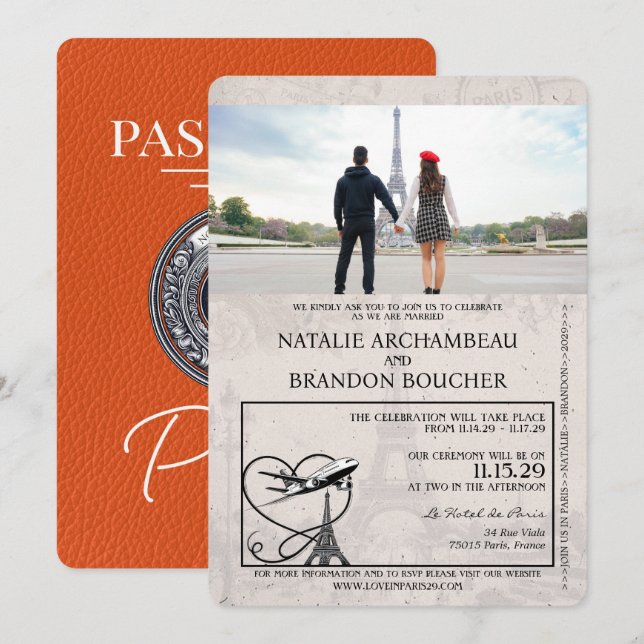 Convites Orange Paris Passport Wedding (Frente/Verso)