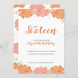 Convites Orange & Peach Peonies Doce 16 Festa de aniversári