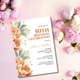 Convites Orange Peony Dourado Folha Rustic Floral Birday