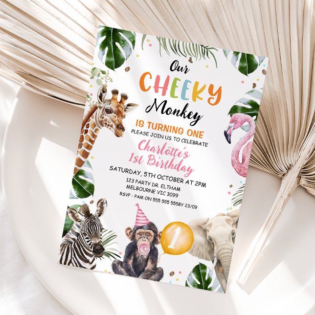 Convites Orange Pink Hat Our Cheky Monkey Birday (Cheeky Monkey Birthday Invitation Template Girl, Printable Our Cheeky Monkey 1st Birthday Invite
)