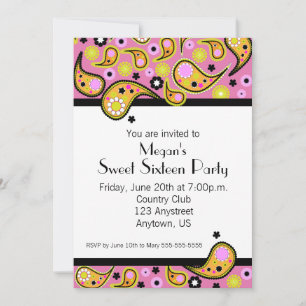 Convites Orange & Pink Paisley Sweet 16 Festas Convidadas