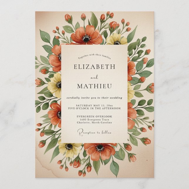Convites Orange Poppy Painterly Flourish Wedding (Frente)