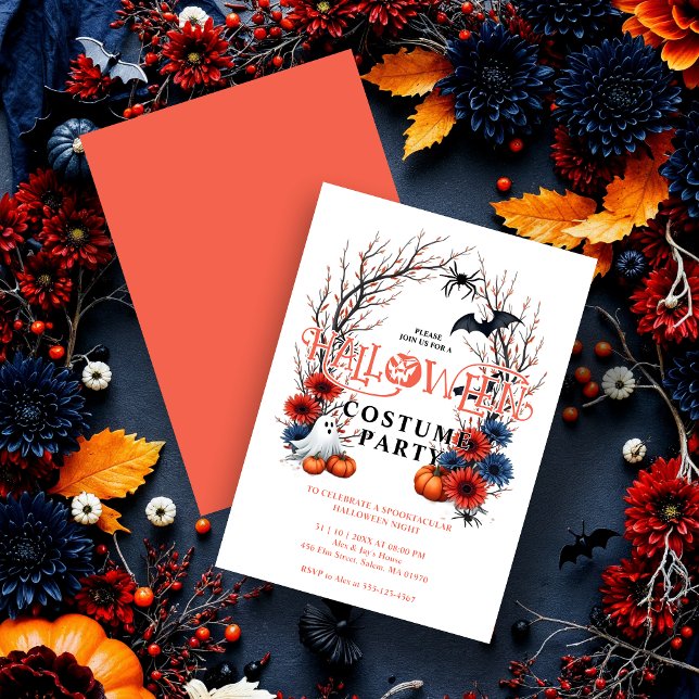 Convites Orange Pumpkin Ghost Bats Spiders Halloween (Halloween Party Invitation Cards with Colorful Pumpkins, Ghosts, Bats, and Spiders on Back Orange.)