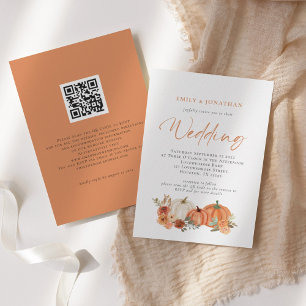 Convites Orange Pumpkins Autumn Florals Código QR Casamento