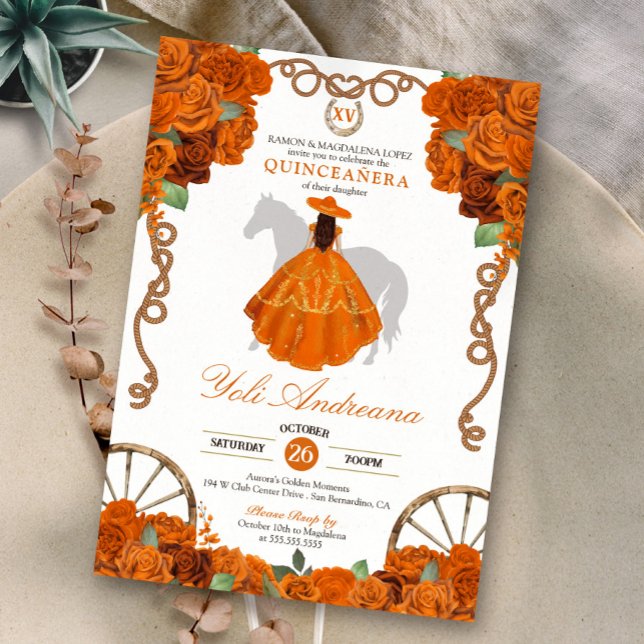 Convites Orange Quinceanera Rustic Western Charra (Criador carregado)