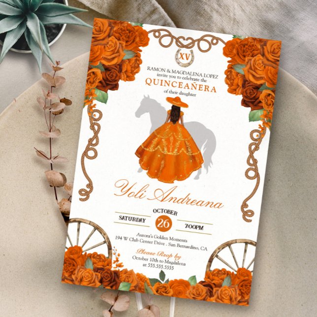 Convites Orange Quinceanera Western Charro (Criador carregado)