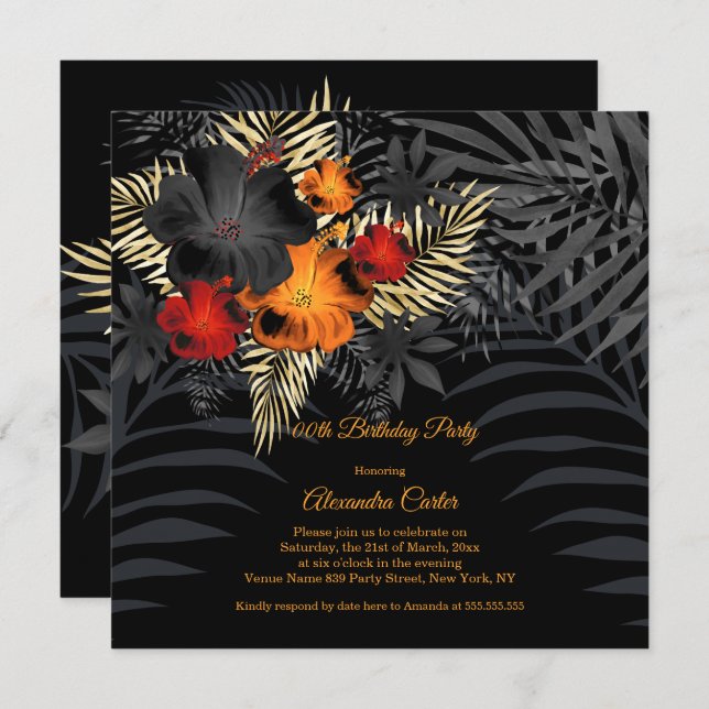Convites Orange Red Black Hibiscus Floral Birthday (Frente/Verso)