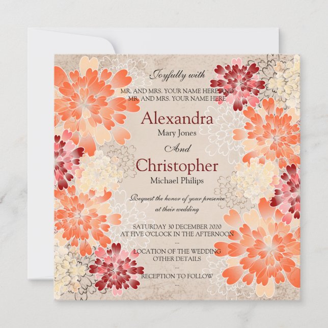 Convites Orange Red & Cream Flowers Retro Casamento (Frente)