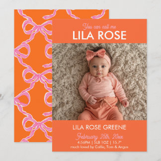 Convites Orange Retro Bow Photo Birth Announcement Card