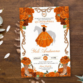 Convites Orange Rosa Floral Western Charro Quinceanera