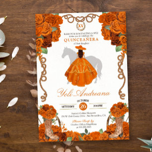 Convites Orange Rosa Floral Western Charro Quinceanera