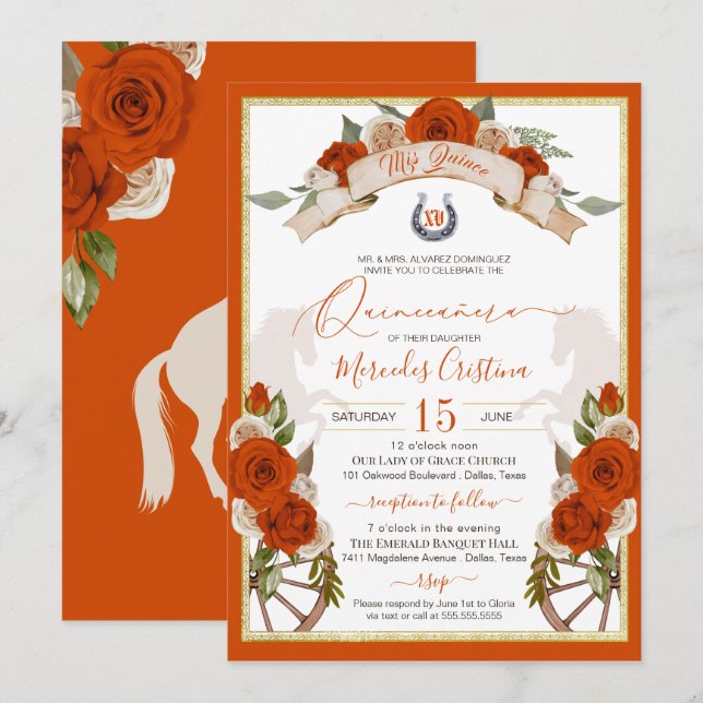 Convites Orange Rosa Quinceanera Western Charro (Frente/Verso)