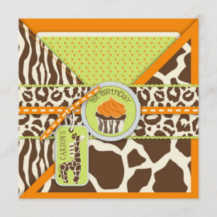 Convites Orange Safari Giraffe & Cupcake Primeiro Aniversá